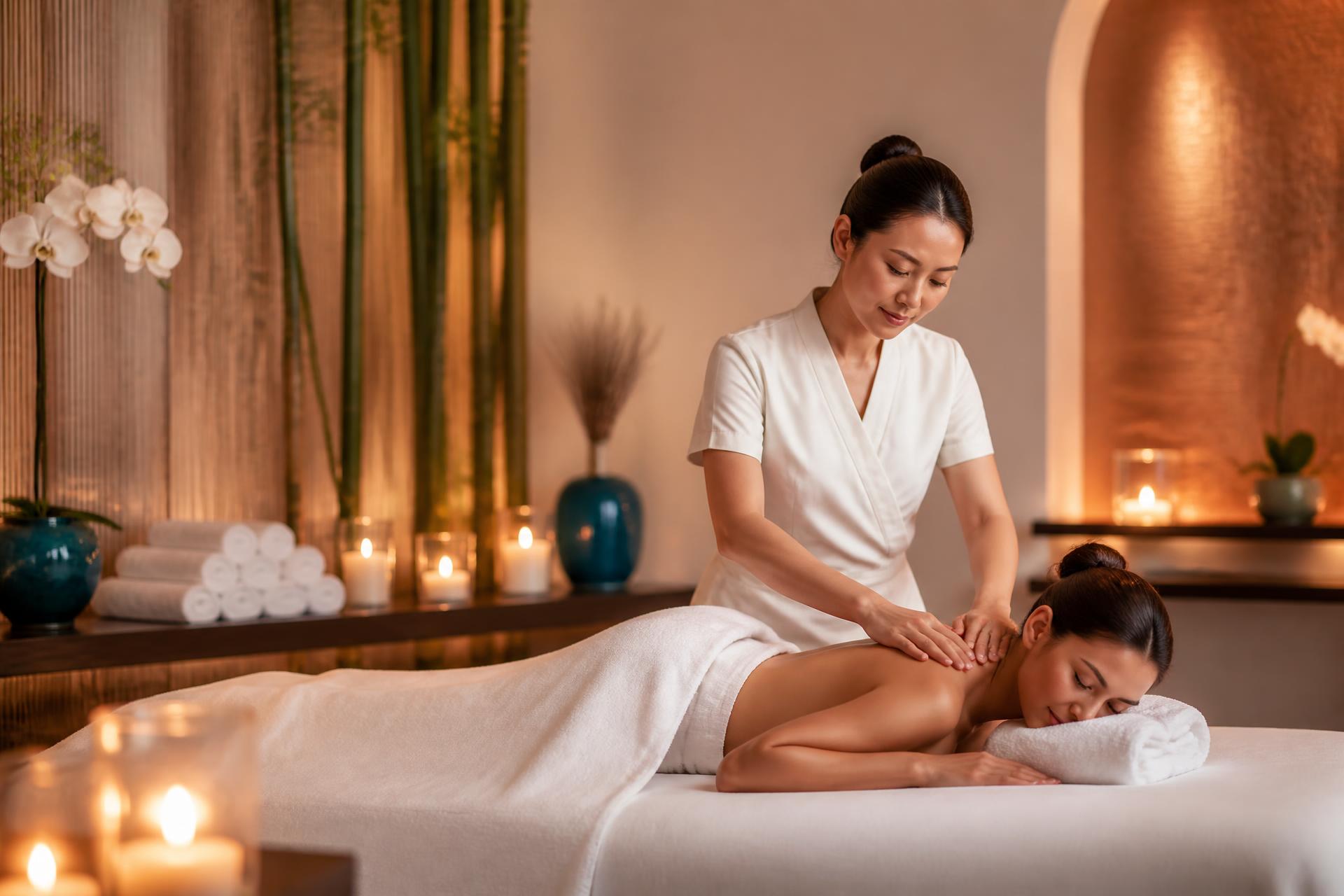 Professional Asian massage therapist performing a therapeutic shoulder massage on a properly draped client in a warm candlelit luxury spa