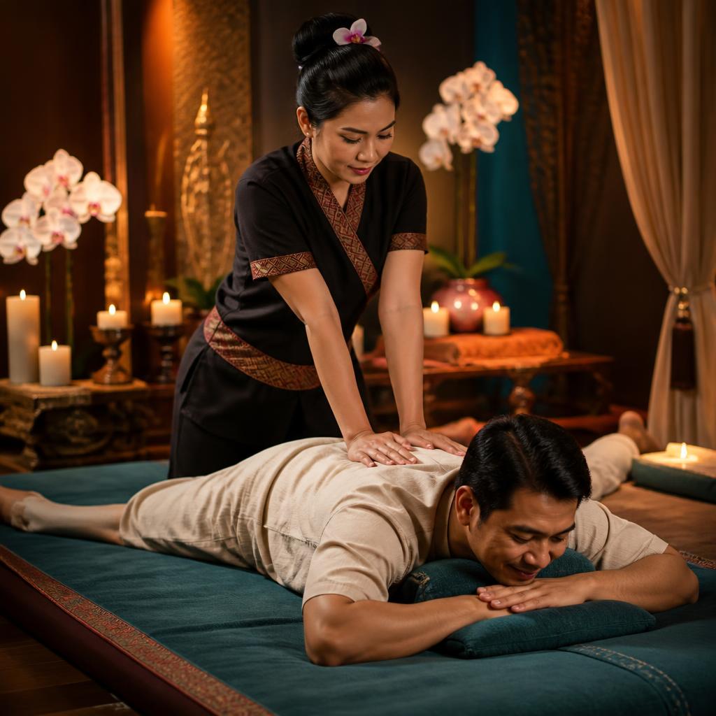 Skilled Asian therapist performing traditional Thai massage on a male client in loose spa attire in a warm candlelit boutique spa